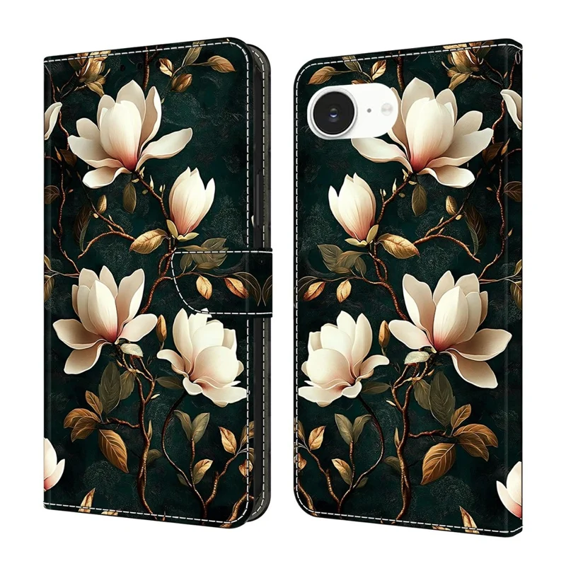 For iPhone 17e / 16e Wallet Stand Case Pattern Printing Leather Phone Cover - White Magnolia