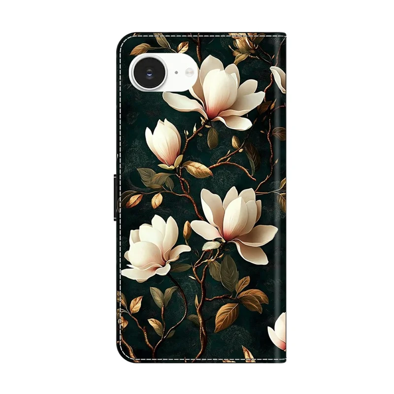 For iPhone 17e / 16e Wallet Stand Case Pattern Printing Leather Phone Cover - White Magnolia