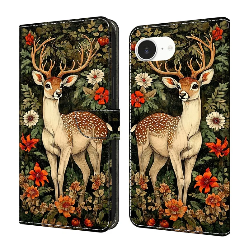 For iPhone 17e / 16e Wallet Stand Case Pattern Printing Leather Phone Cover - Deer and Flowers