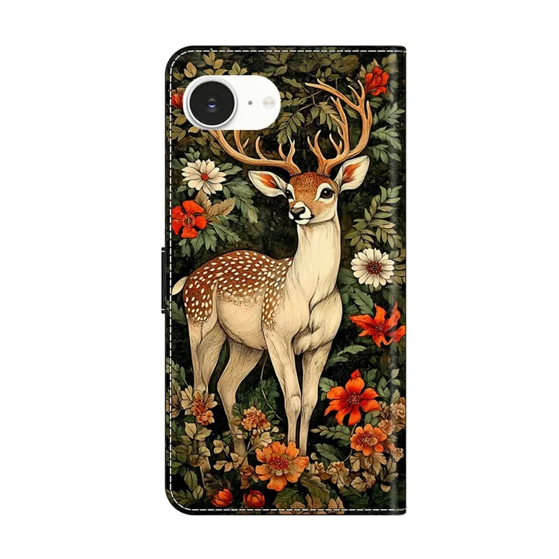 For iPhone 17e / 16e Wallet Stand Case Pattern Printing Leather Phone Cover - Deer and Flowers