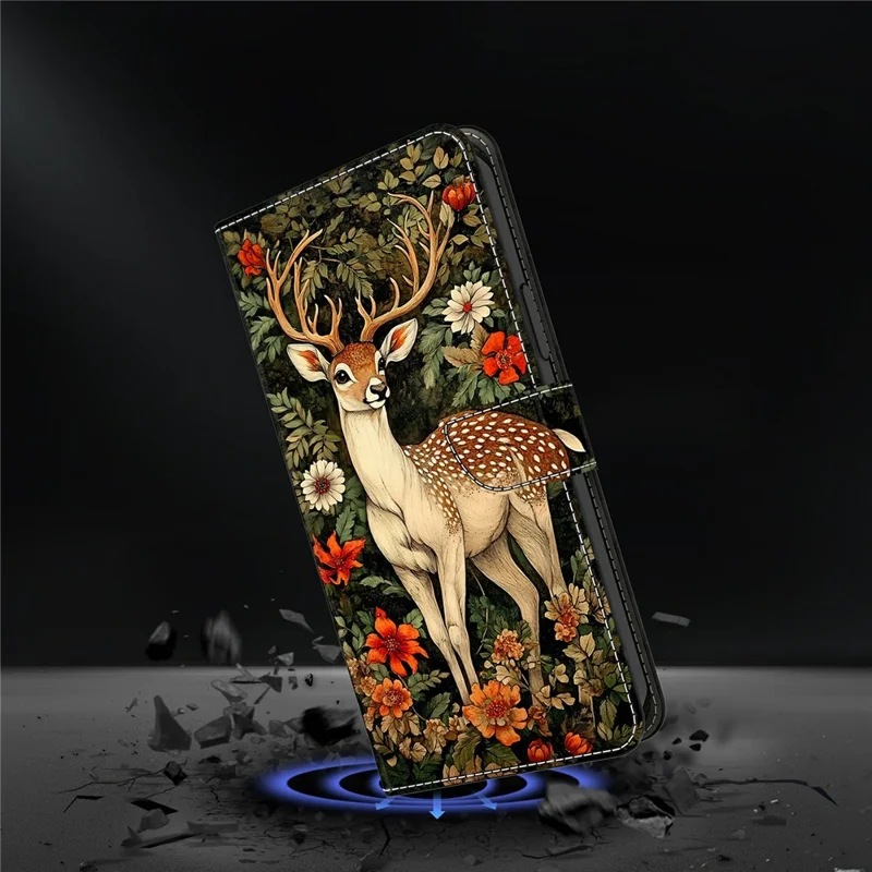 For iPhone 17e / 16e Wallet Stand Case Pattern Printing Leather Phone Cover - Deer and Flowers