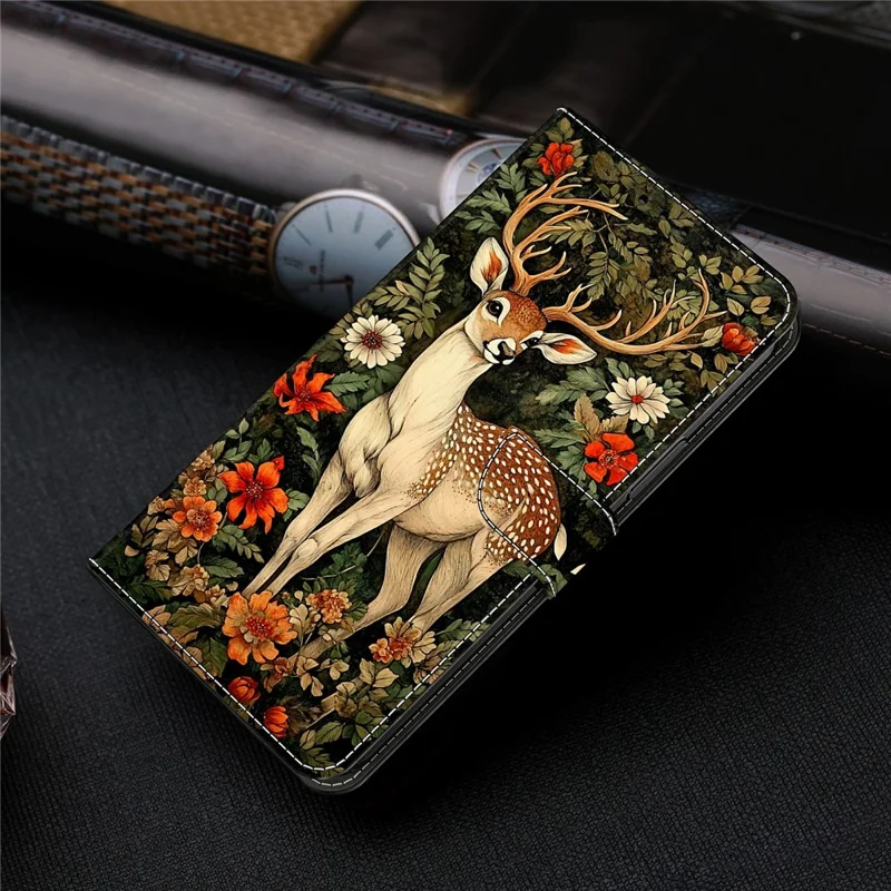 For iPhone 17e / 16e Wallet Stand Case Pattern Printing Leather Phone Cover - Deer and Flowers