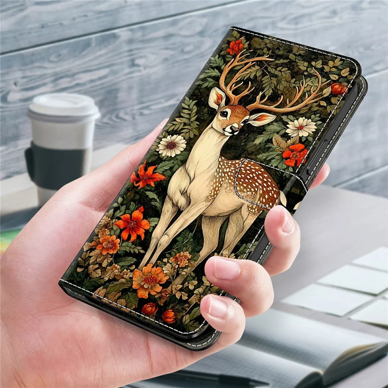 For iPhone 17e / 16e Wallet Stand Case Pattern Printing Leather Phone Cover - Deer and Flowers