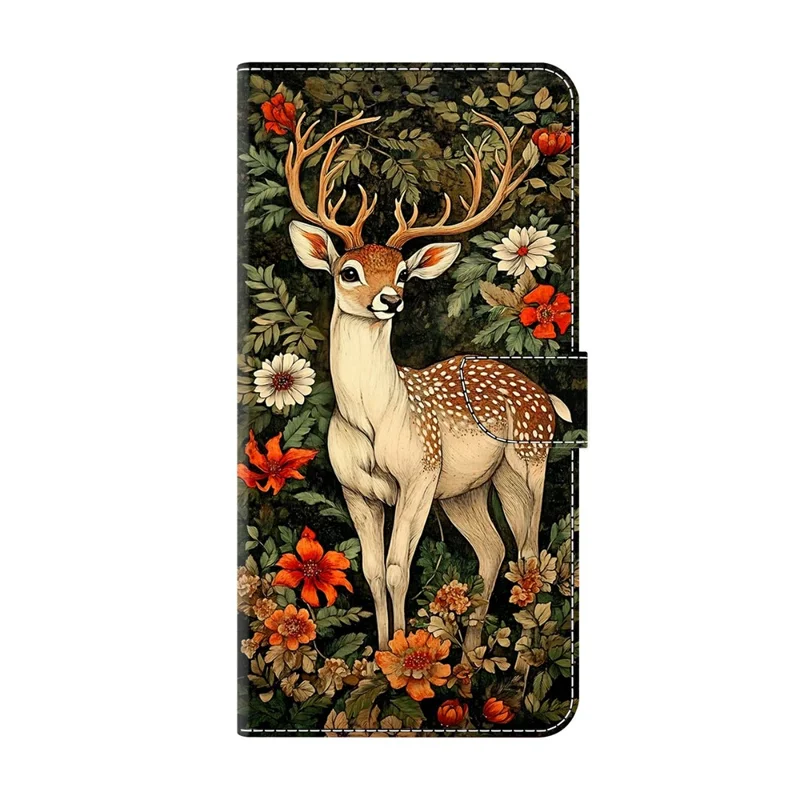 For iPhone 17e / 16e Wallet Stand Case Pattern Printing Leather Phone Cover - Deer and Flowers