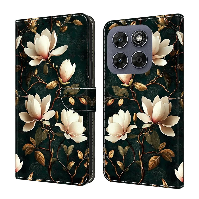 For Motorola Moto G77 5G  /  G67 5G Wallet Stand Case Pattern Printing Leather Phone Cover - White Magnolia