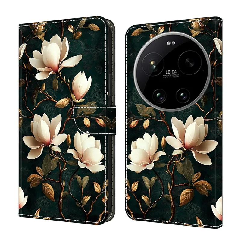 For Xiaomi 17 Ultra 5G Wallet Stand Case Pattern Printing Leather Phone Cover - White Magnolia