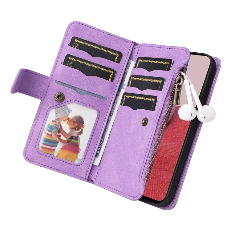 For Samsung Galaxy A14 5G / A14 4G Leather Case with Strap Zipper 9 Card Slot Phone Cover Stand - Light Purple