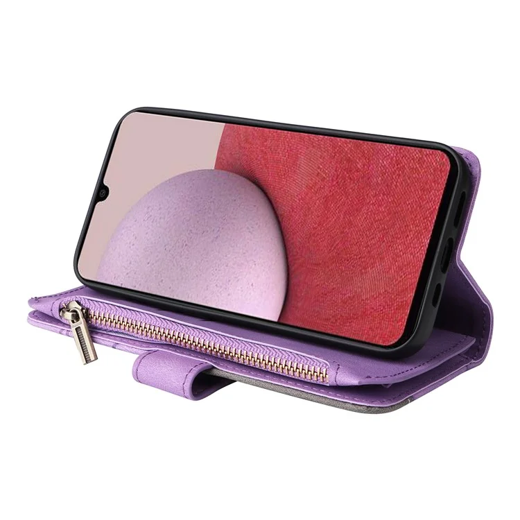 For Samsung Galaxy A14 5G / A14 4G Leather Case with Strap Zipper 9 Card Slot Phone Cover Stand - Light Purple