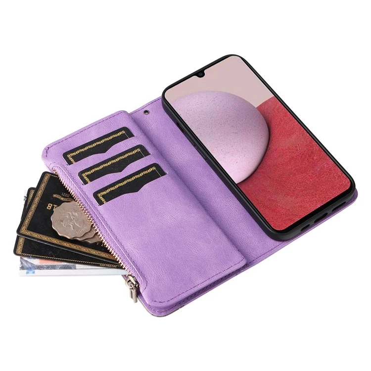 For Samsung Galaxy A14 5G / A14 4G Leather Case with Strap Zipper 9 Card Slot Phone Cover Stand - Light Purple
