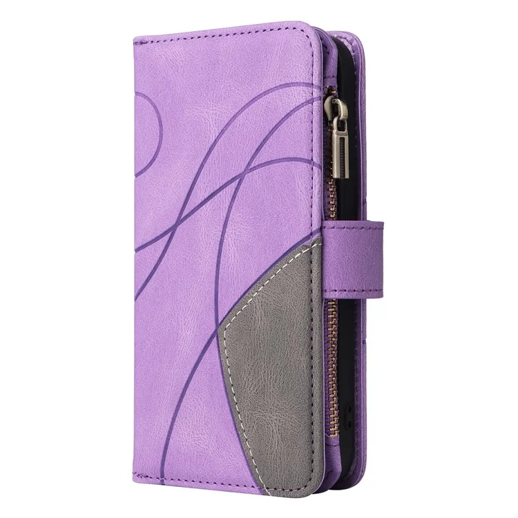 For Samsung Galaxy A14 5G / A14 4G Leather Case with Strap Zipper 9 Card Slot Phone Cover Stand - Light Purple