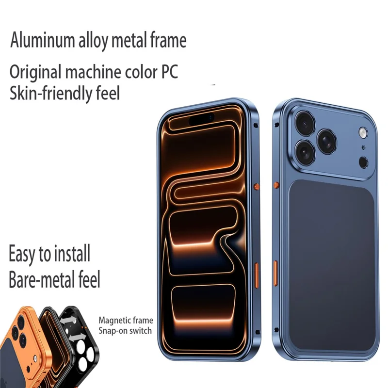 For iPhone 17 Pro Metal Frame Case Magnetic Snap On Frame PC Hollow Back Heat Dissipation Shockproof Cover - Titanium Orange