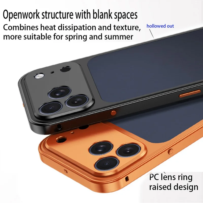 For iPhone 17 Pro Metal Frame Case Magnetic Snap On Frame PC Hollow Back Heat Dissipation Shockproof Cover - Titanium Orange