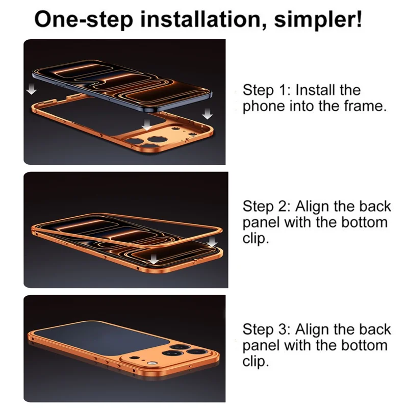 For iPhone 17 Pro Metal Frame Case Magnetic Snap On Frame PC Hollow Back Heat Dissipation Shockproof Cover - Titanium Orange