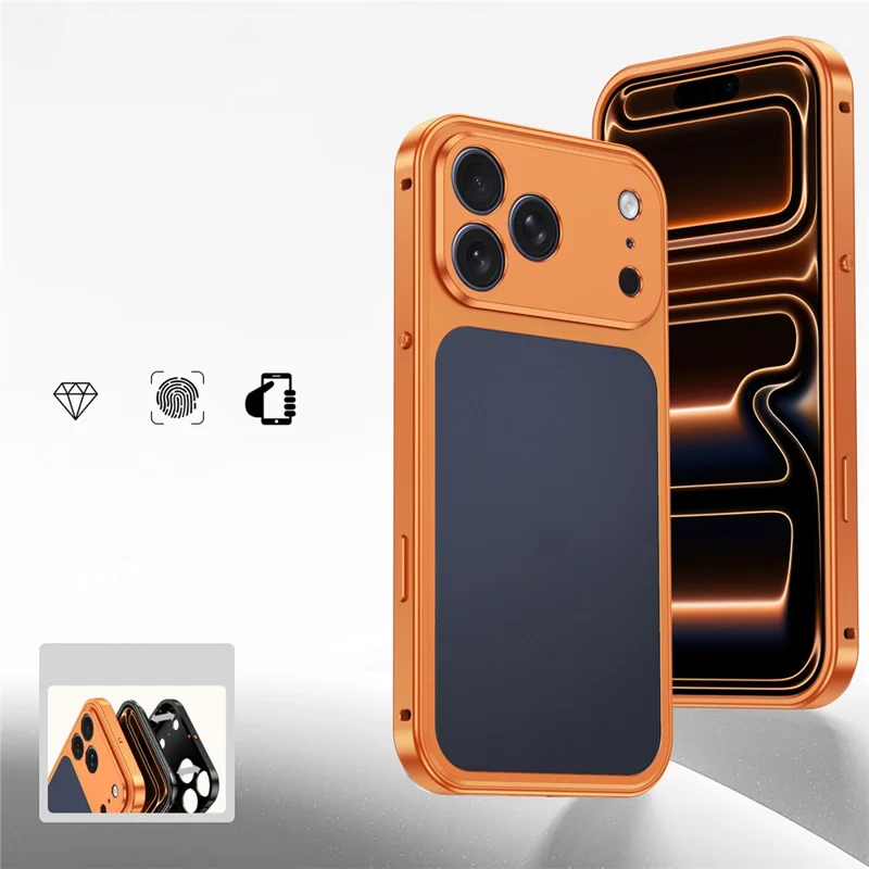 For iPhone 17 Pro Max Metal Frame Case Magnetic Snap On Frame PC Hollow Back Heat Dissipation Shockproof Cover - Titanium Orange