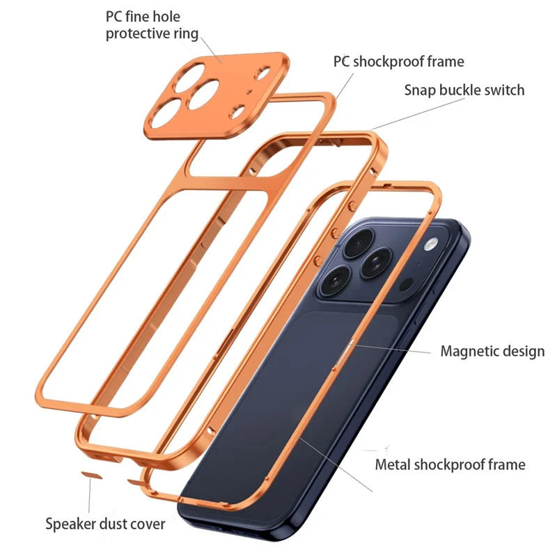 For iPhone 17 Pro Max Metal Frame Case Magnetic Snap On Frame PC Hollow Back Heat Dissipation Shockproof Cover - Titanium Orange