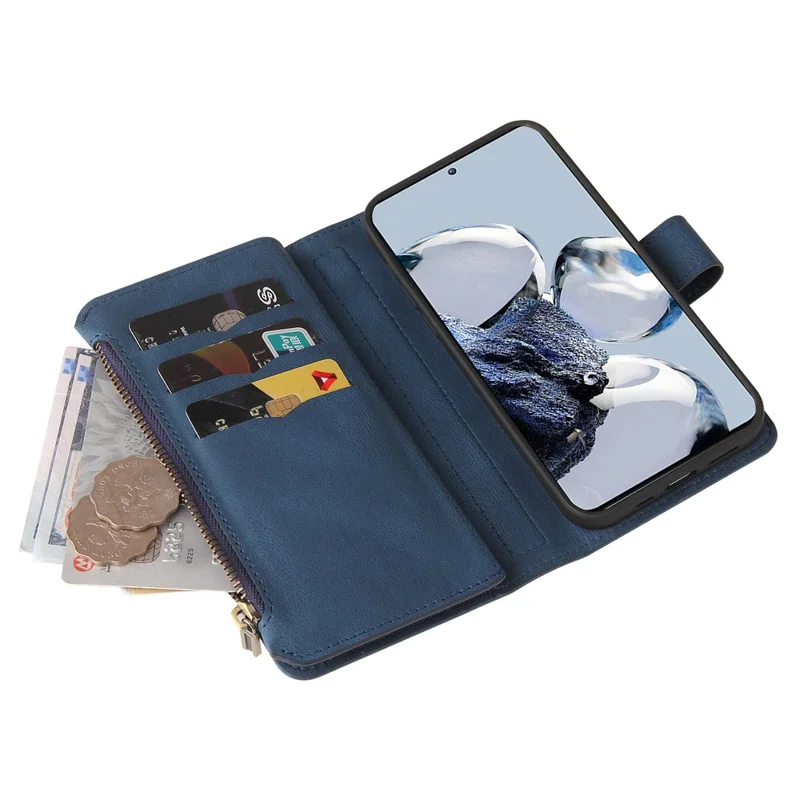 Per Xiaomi 12t 5g / 12t Pro 5G / Redmi K50 Ultra 5G KT Multifunzionale Serie 2 Slot Multipli Slot Per la Sensazione Della Pelle Portafoglio Custodia in Pelle Flip Con Tasca Con Cerniera - Blu