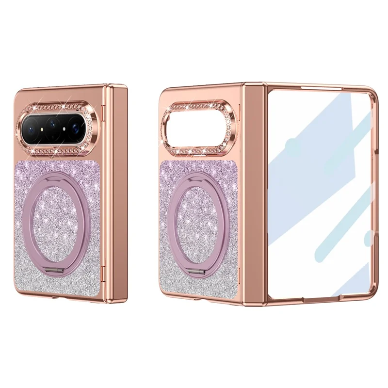 For Huawei Pura X Max Magnetic Case Rotating Kickstand Glitter PU Leather + PC Phone Cover with Screen Protector - Purple