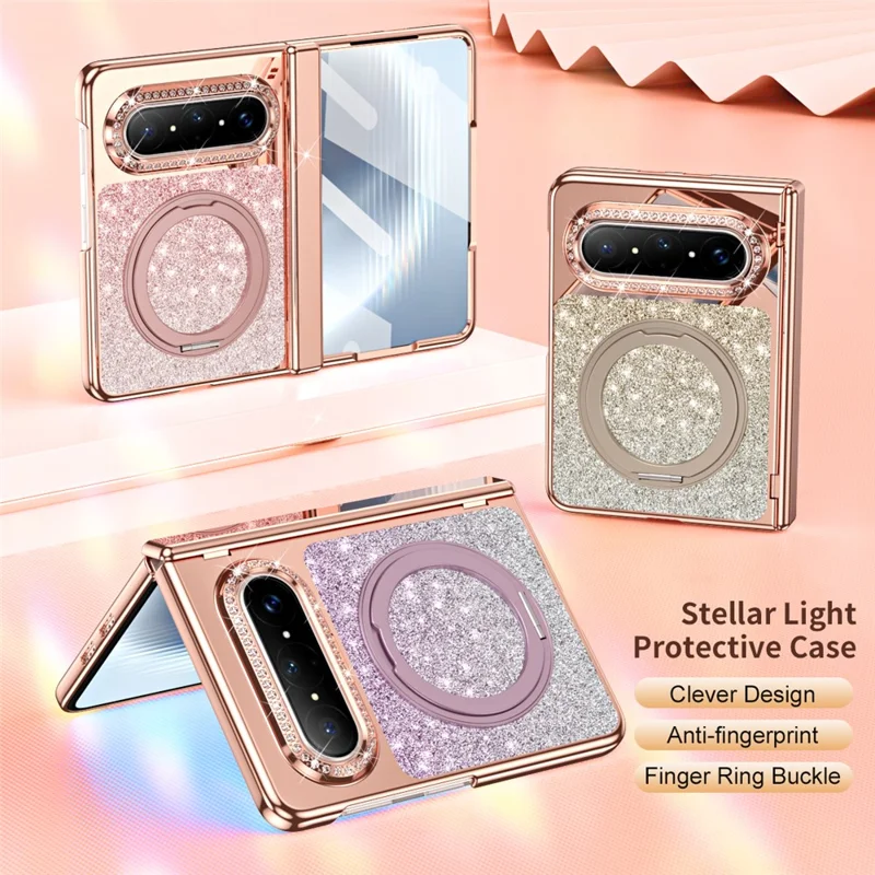 For Huawei Pura X Max Magnetic Case Rotating Kickstand Glitter PU Leather + PC Phone Cover with Screen Protector - Purple