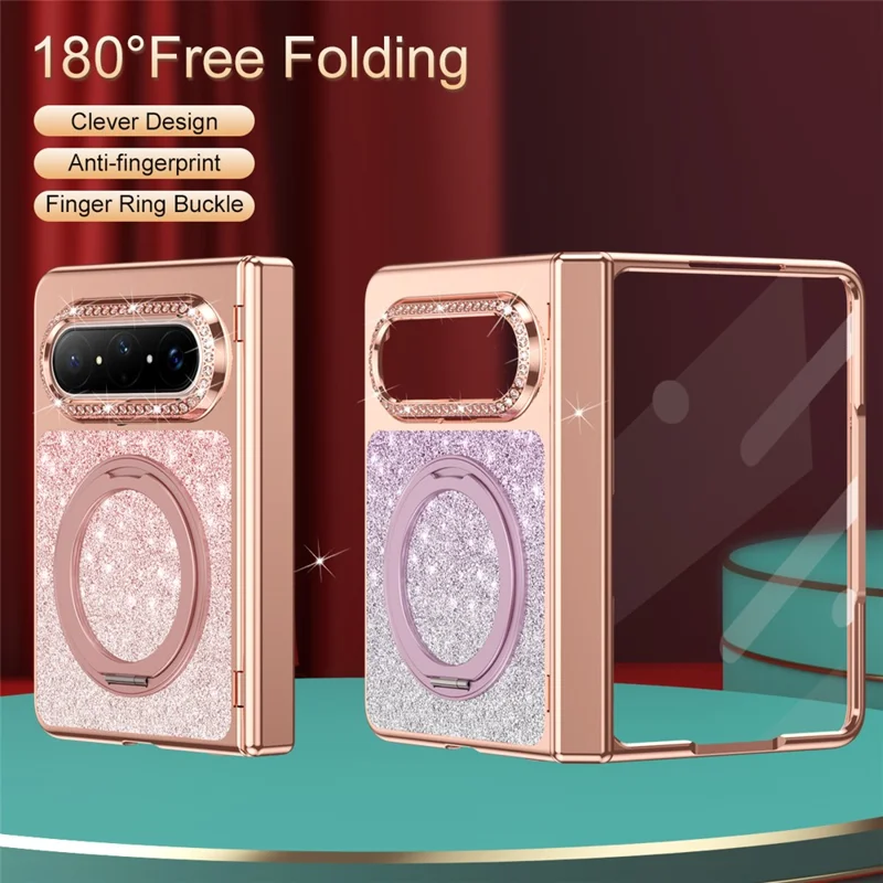 For Huawei Pura X Max Magnetic Case Rotating Kickstand Glitter PU Leather + PC Phone Cover with Screen Protector - Purple