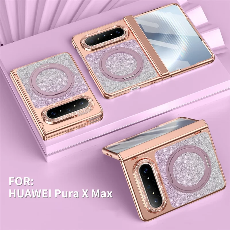 For Huawei Pura X Max Magnetic Case Rotating Kickstand Glitter PU Leather + PC Phone Cover with Screen Protector - Purple