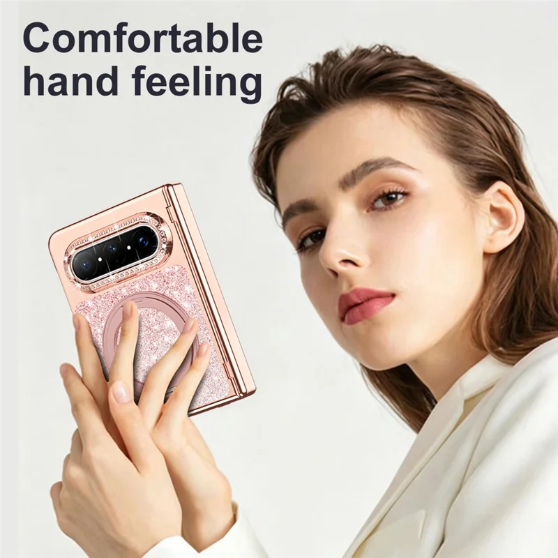 For Huawei Pura X Max Magnetic Case Rotating Kickstand Glitter PU Leather + PC Phone Cover with Screen Protector - Purple