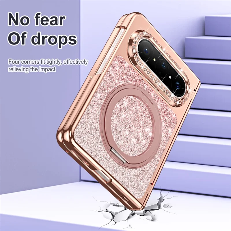 For Huawei Pura X Max Magnetic Case Rotating Kickstand Glitter PU Leather + PC Phone Cover with Screen Protector - Purple
