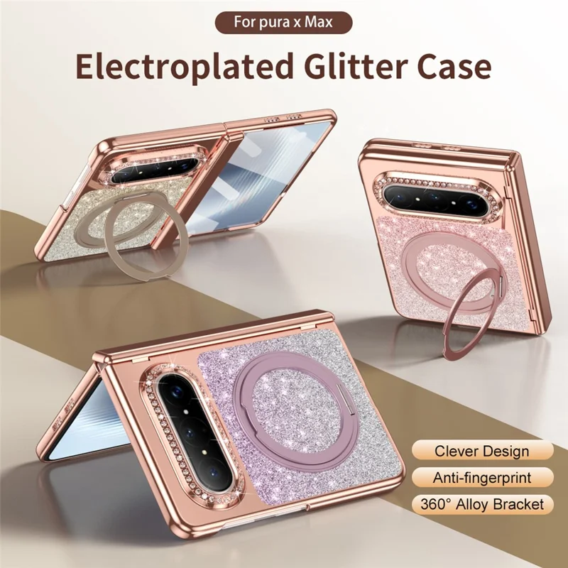 For Huawei Pura X Max Magnetic Case Rotating Kickstand Glitter PU Leather + PC Phone Cover with Screen Protector - Purple