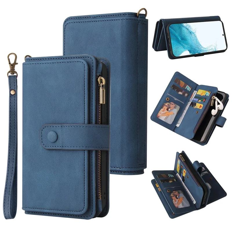 For Samsung Galaxy S23 Zipper Wallet Case with 15 Card Slots and Strap Leather Phone Cover - Blue