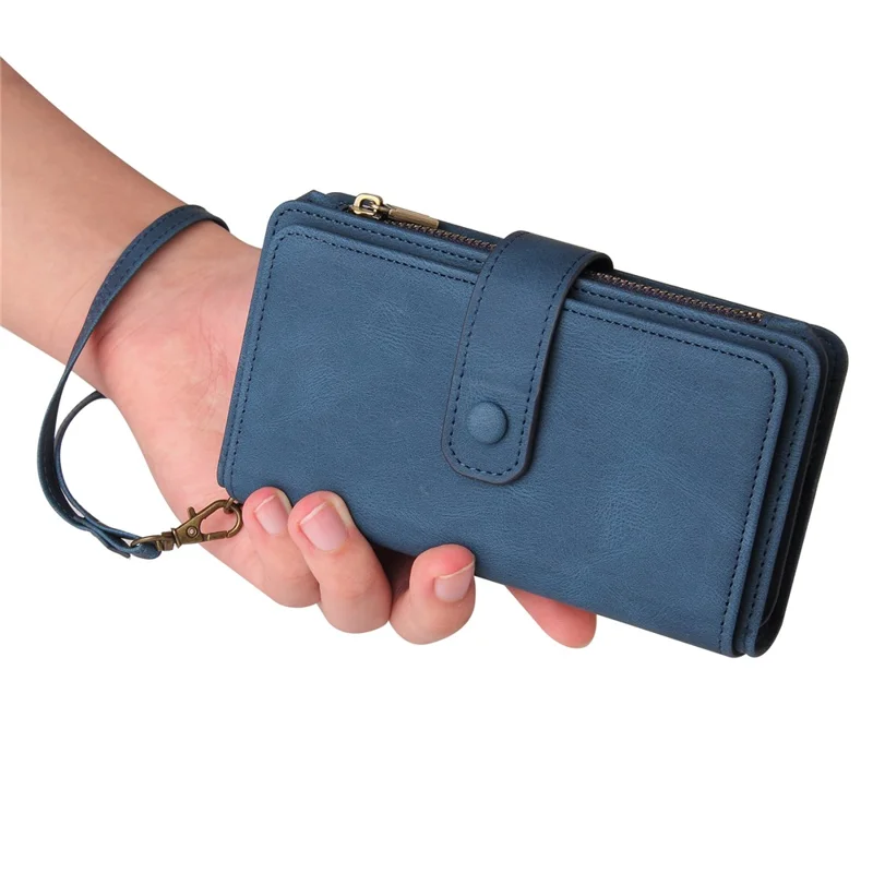 For Samsung Galaxy S23 Zipper Wallet Case with 15 Card Slots and Strap Leather Phone Cover - Blue