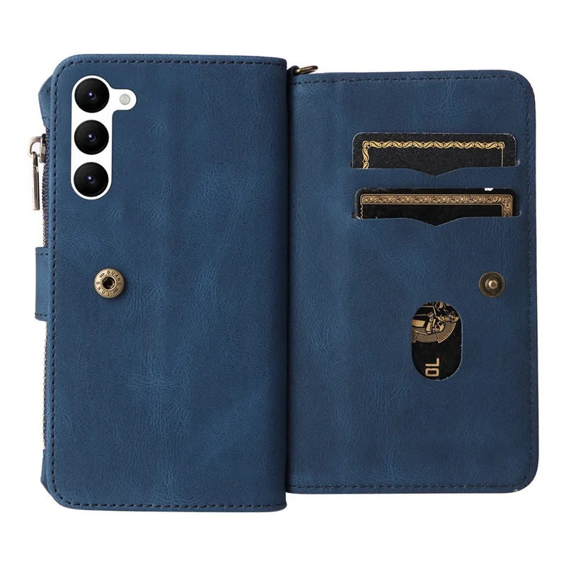 For Samsung Galaxy S23 Zipper Wallet Case with 15 Card Slots and Strap Leather Phone Cover - Blue