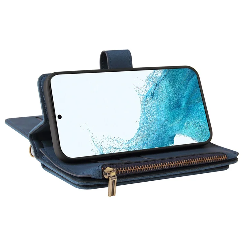 For Samsung Galaxy S23 Zipper Wallet Case with 15 Card Slots and Strap Leather Phone Cover - Blue
