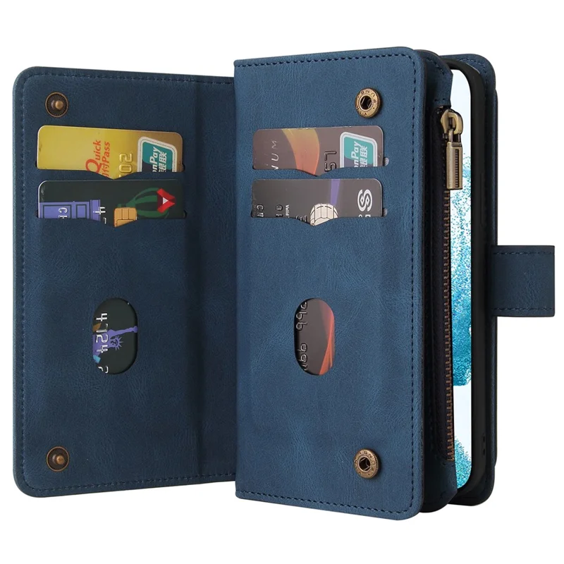 For Samsung Galaxy S23 Zipper Wallet Case with 15 Card Slots and Strap Leather Phone Cover - Blue