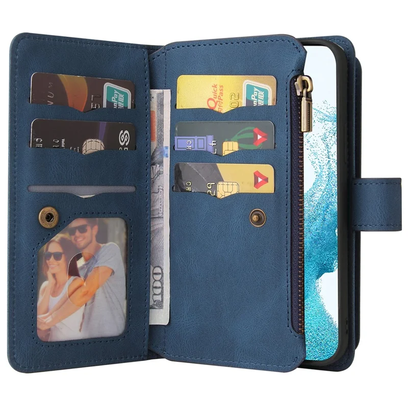 For Samsung Galaxy S23 Zipper Wallet Case with 15 Card Slots and Strap Leather Phone Cover - Blue