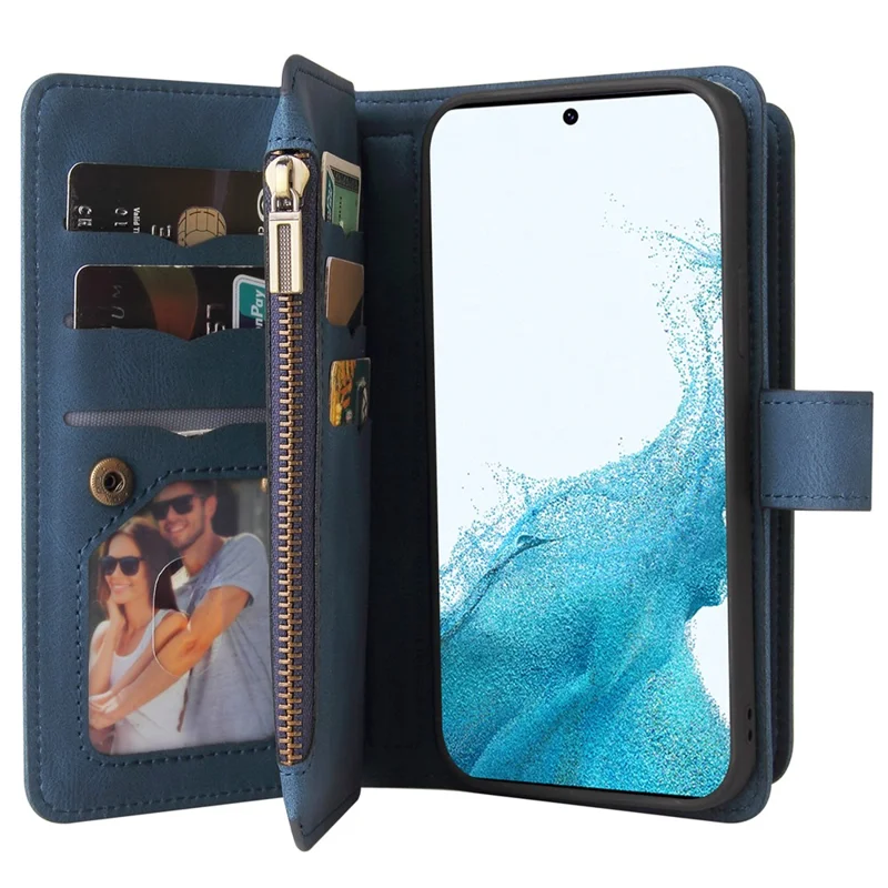 For Samsung Galaxy S23 Zipper Wallet Case with 15 Card Slots and Strap Leather Phone Cover - Blue