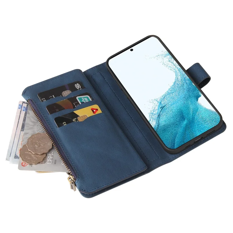 For Samsung Galaxy S23 Zipper Wallet Case with 15 Card Slots and Strap Leather Phone Cover - Blue