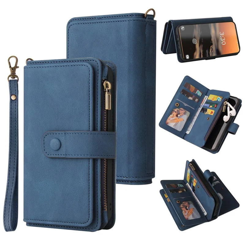 For Samsung Galaxy S23 Ultra Zipper Wallet Case with 15 Card Slots and Strap Leather Phone Cover - Blue