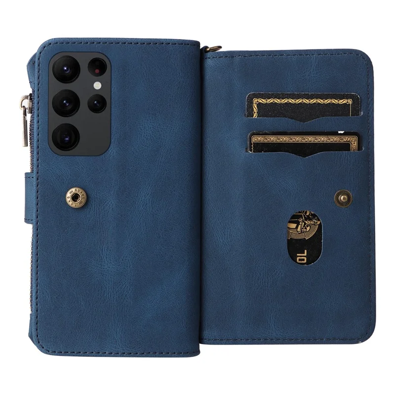 For Samsung Galaxy S23 Ultra Zipper Wallet Case with 15 Card Slots and Strap Leather Phone Cover - Blue