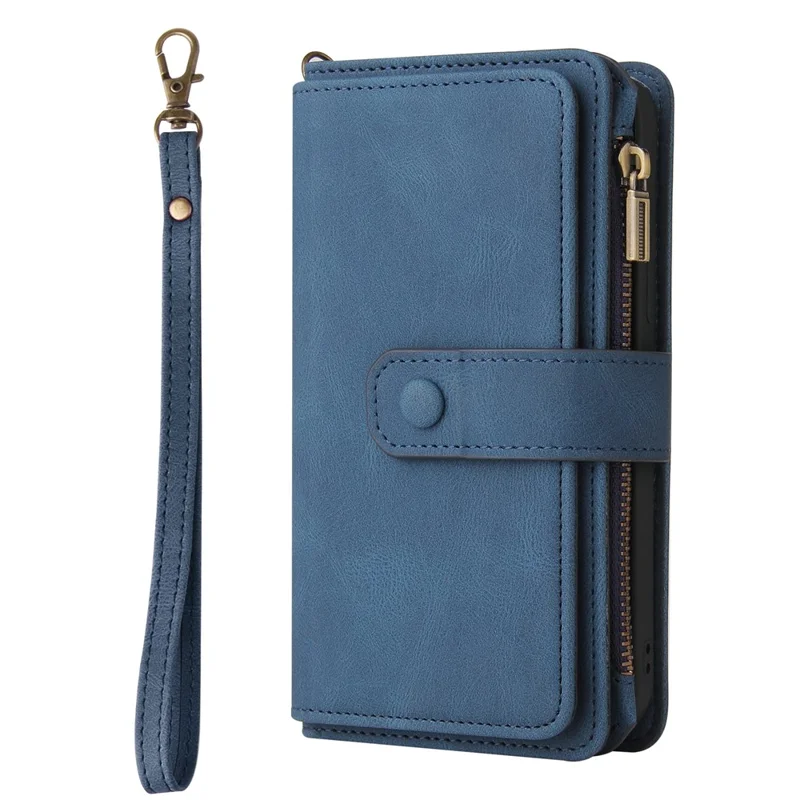 For Samsung Galaxy S23 Ultra Zipper Wallet Case with 15 Card Slots and Strap Leather Phone Cover - Blue