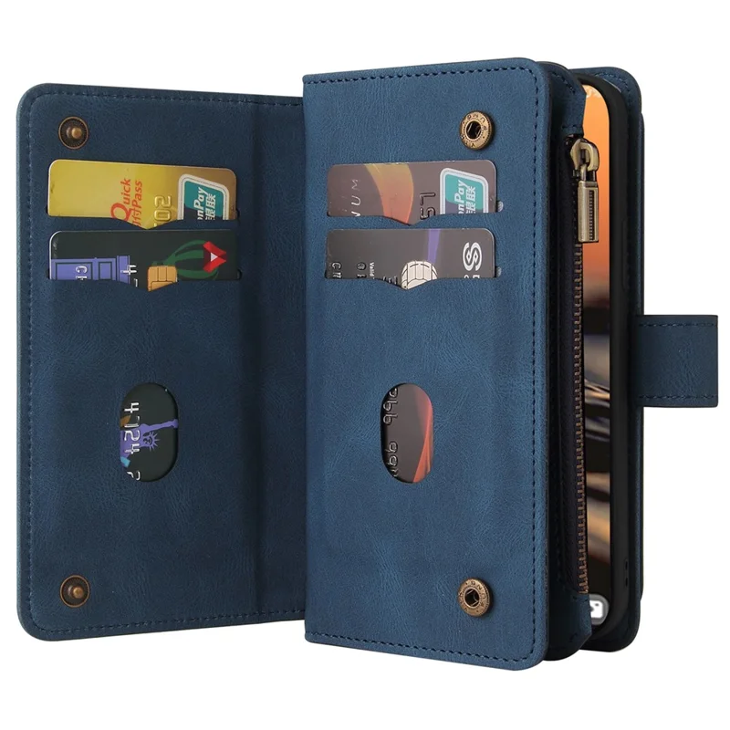 For Samsung Galaxy S23 Ultra Zipper Wallet Case with 15 Card Slots and Strap Leather Phone Cover - Blue
