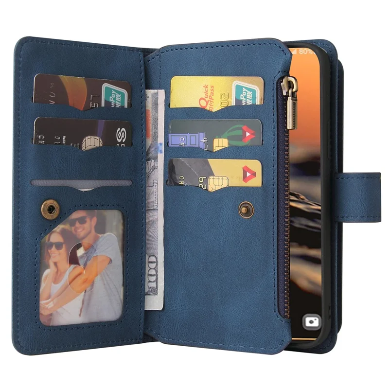 For Samsung Galaxy S23 Ultra Zipper Wallet Case with 15 Card Slots and Strap Leather Phone Cover - Blue