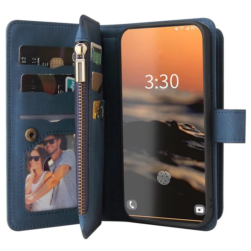 For Samsung Galaxy S23 Ultra Zipper Wallet Case with 15 Card Slots and Strap Leather Phone Cover - Blue