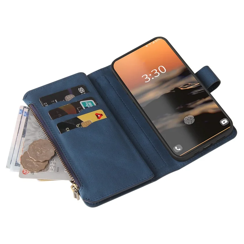 For Samsung Galaxy S23 Ultra Zipper Wallet Case with 15 Card Slots and Strap Leather Phone Cover - Blue