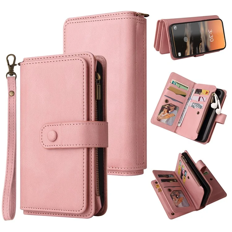 Pour Samsung Galaxy S23 Ultra KT Multi-Functional Series-2 Scratch Resistant Phone Shell, Multiple Card Slots Skin-touch Feeling Stand Wallet Flip Leather Case with Zipper Pocket - Pink
