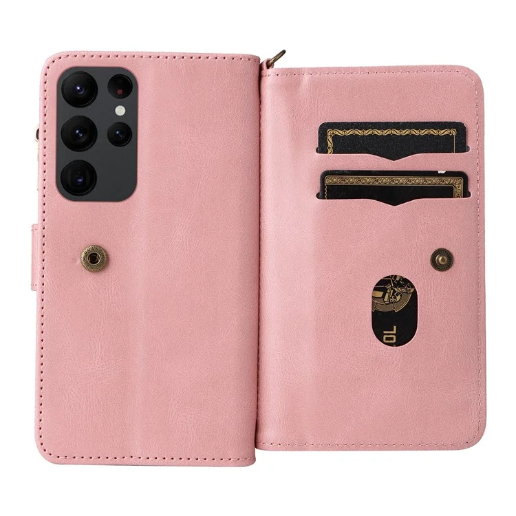 Pour Samsung Galaxy S23 Ultra KT Multi-Functional Series-2 Scratch Resistant Phone Shell, Multiple Card Slots Skin-touch Feeling Stand Wallet Flip Leather Case with Zipper Pocket - Pink