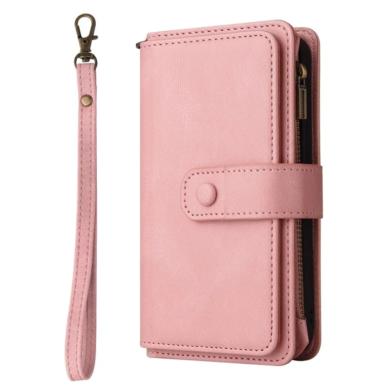 Pour Samsung Galaxy S23 Ultra KT Multi-Functional Series-2 Scratch Resistant Phone Shell, Multiple Card Slots Skin-touch Feeling Stand Wallet Flip Leather Case with Zipper Pocket - Pink