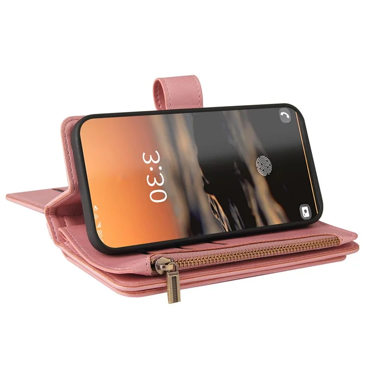 Pour Samsung Galaxy S23 Ultra KT Multi-Functional Series-2 Scratch Resistant Phone Shell, Multiple Card Slots Skin-touch Feeling Stand Wallet Flip Leather Case with Zipper Pocket - Pink