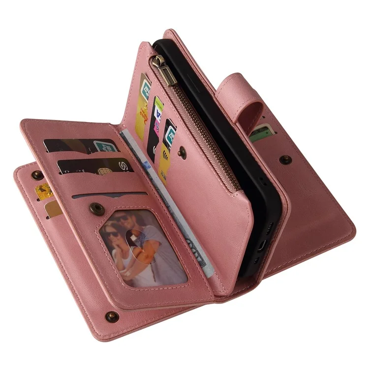 Pour Samsung Galaxy S23 Ultra KT Multi-Functional Series-2 Scratch Resistant Phone Shell, Multiple Card Slots Skin-touch Feeling Stand Wallet Flip Leather Case with Zipper Pocket - Pink