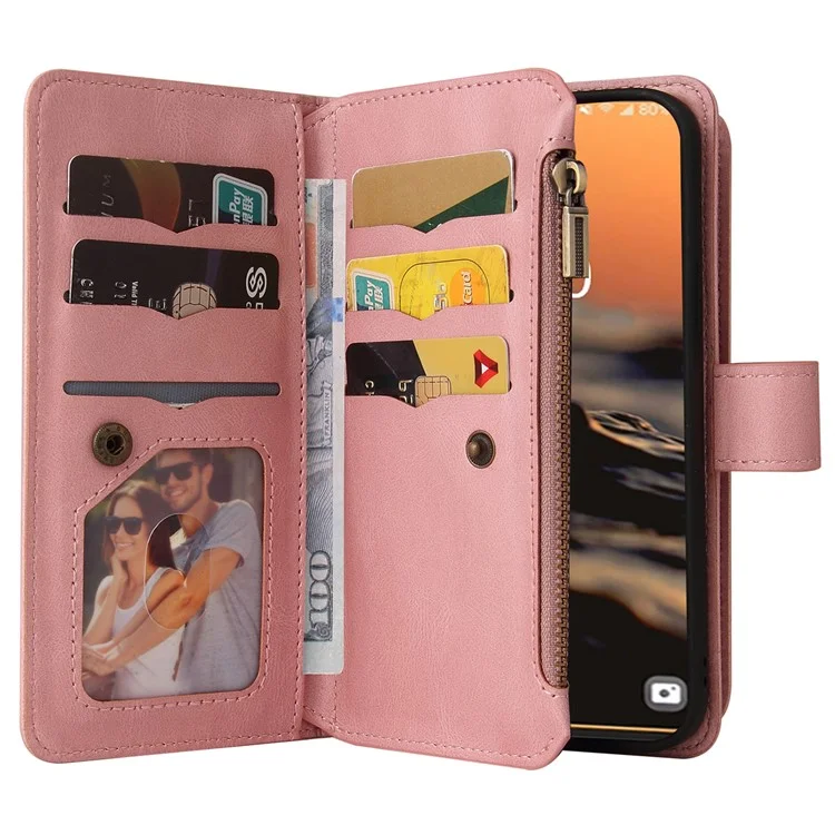 Pour Samsung Galaxy S23 Ultra KT Multi-Functional Series-2 Scratch Resistant Phone Shell, Multiple Card Slots Skin-touch Feeling Stand Wallet Flip Leather Case with Zipper Pocket - Pink