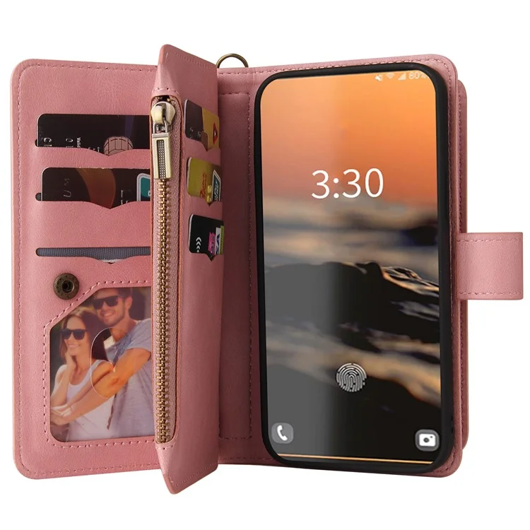 Pour Samsung Galaxy S23 Ultra KT Multi-Functional Series-2 Scratch Resistant Phone Shell, Multiple Card Slots Skin-touch Feeling Stand Wallet Flip Leather Case with Zipper Pocket - Pink