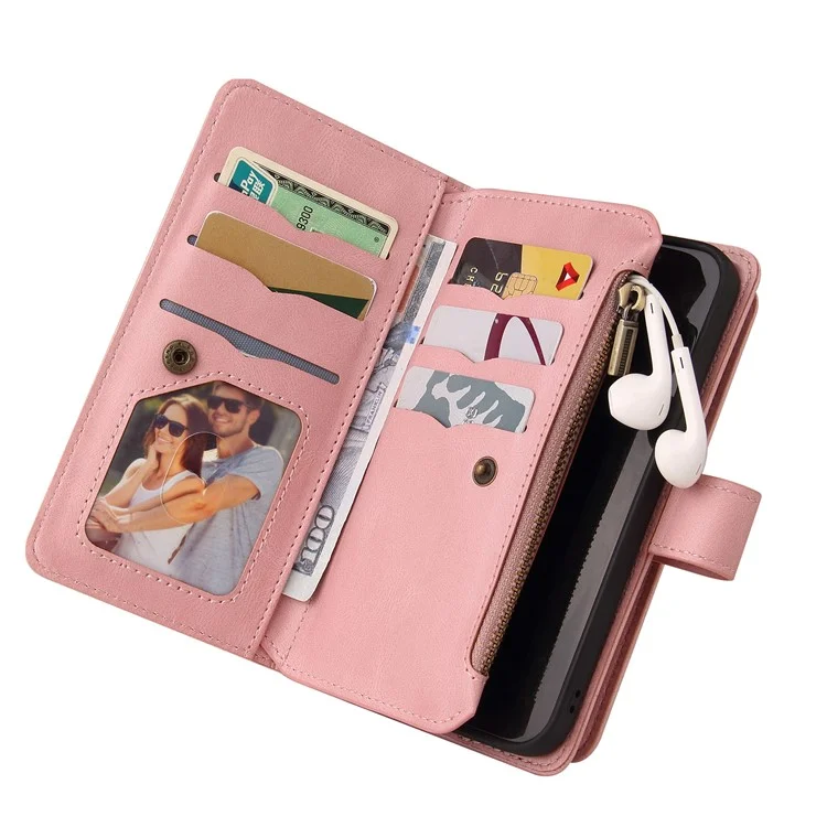 Pour Samsung Galaxy S23 Ultra KT Multi-Functional Series-2 Scratch Resistant Phone Shell, Multiple Card Slots Skin-touch Feeling Stand Wallet Flip Leather Case with Zipper Pocket - Pink
